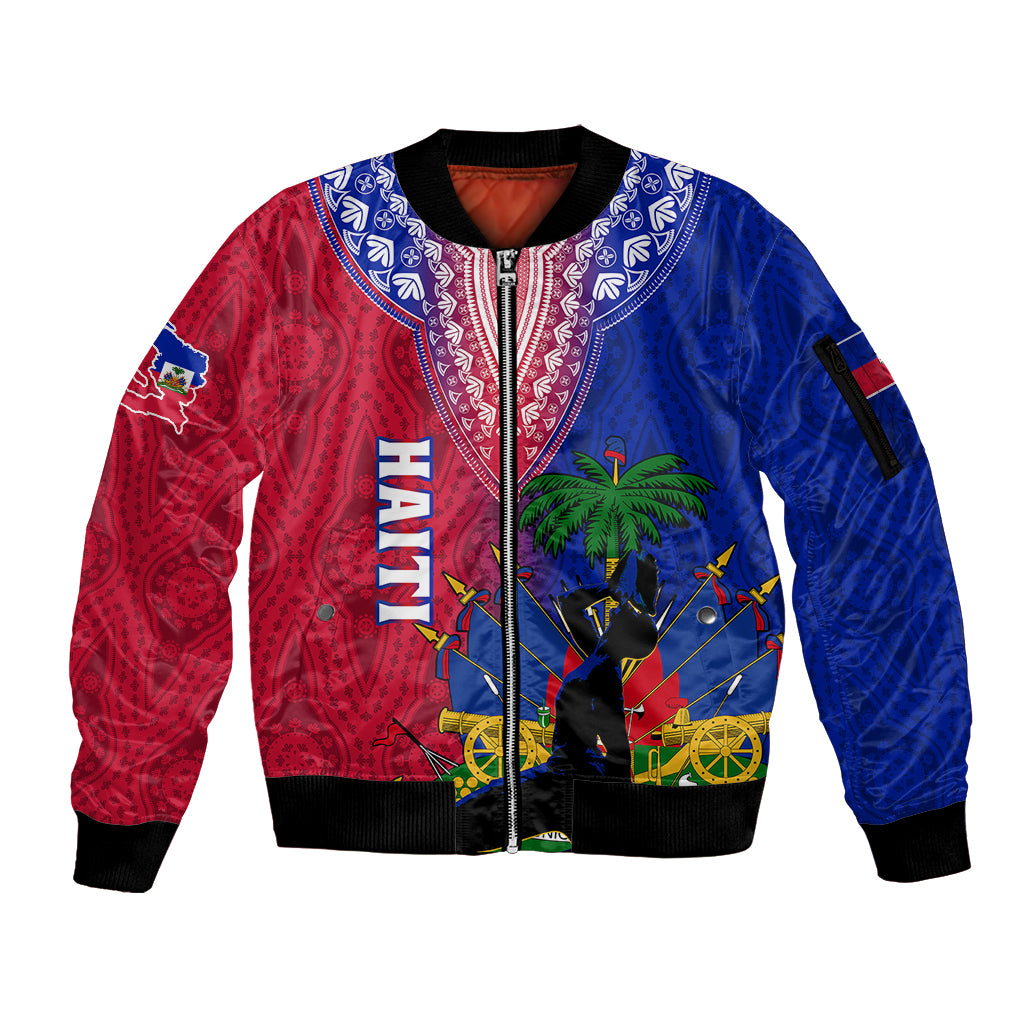 Personalised Haiti Sleeve Zip Bomber Jacket Ayiti Neg Maron With Dashiki Royal - Wonder Print Shop