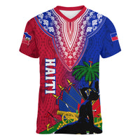 Personalised Haiti Women V Neck T Shirt Ayiti Neg Maron With Dashiki Royal - Wonder Print Shop