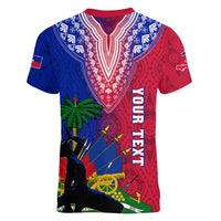 Personalised Haiti Women V Neck T Shirt Ayiti Neg Maron With Dashiki Royal - Wonder Print Shop