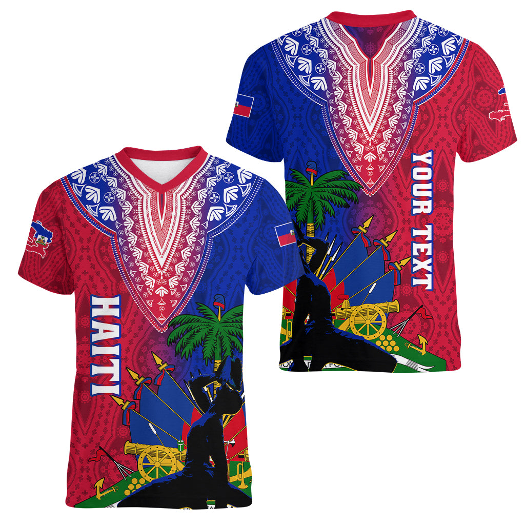 Personalised Haiti Women V Neck T Shirt Ayiti Neg Maron With Dashiki Royal - Wonder Print Shop