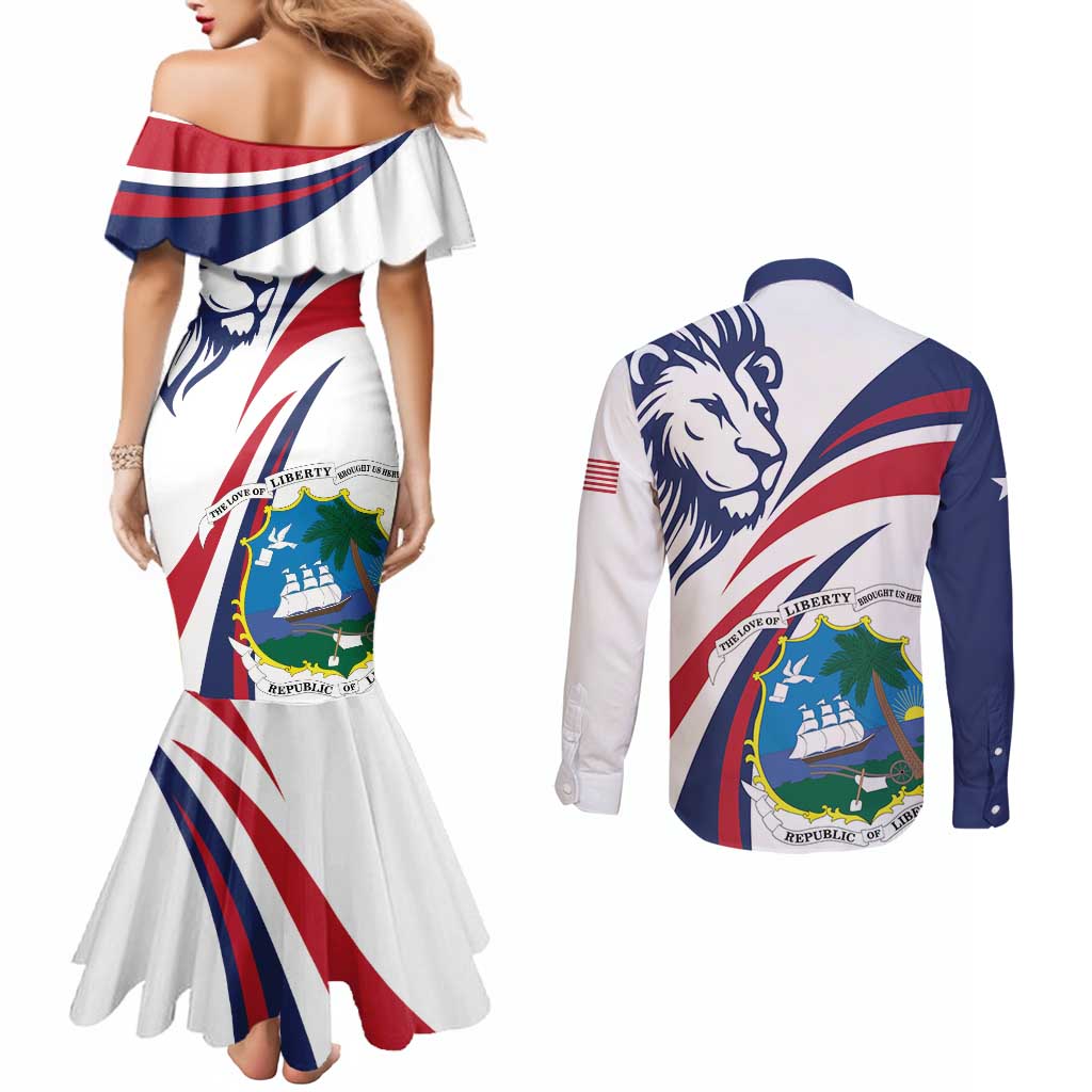 Liberia Independence Day Couples Matching Mermaid Dress and Long Sleeve Button Shirt July 26 Lion Coat of Arms