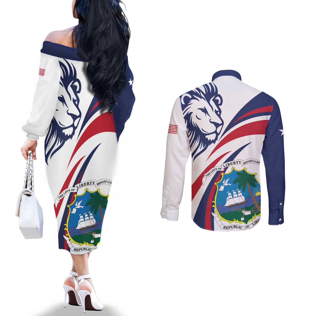 Liberia Independence Day Couples Matching Off The Shoulder Long Sleeve Dress and Long Sleeve Button Shirt July 26 Lion Coat of Arms