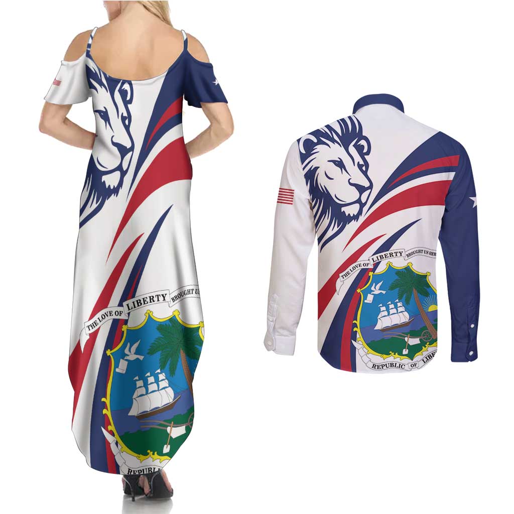 Liberia Independence Day Couples Matching Summer Maxi Dress and Long Sleeve Button Shirt July 26 Lion Coat of Arms - Wonder Print Shop
