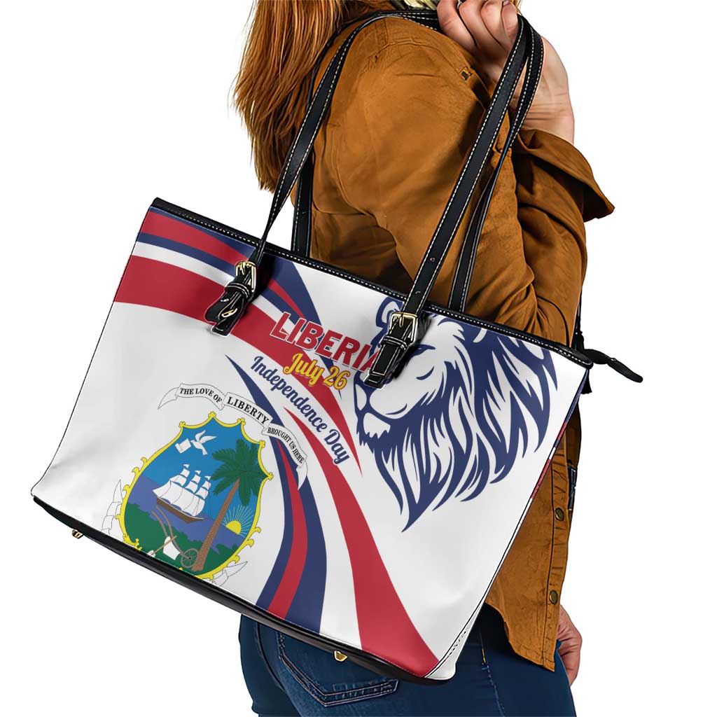 Liberia Independence Day Leather Tote Bag July 26 Lion Coat of Arms - Wonder Print Shop