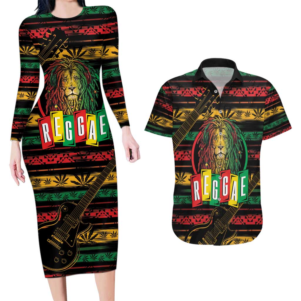 International Reggae Day Couples Matching Long Sleeve Bodycon Dress and Hawaiian Shirt Rastafarian Lion Legend of Reggae - Wonder Print Shop