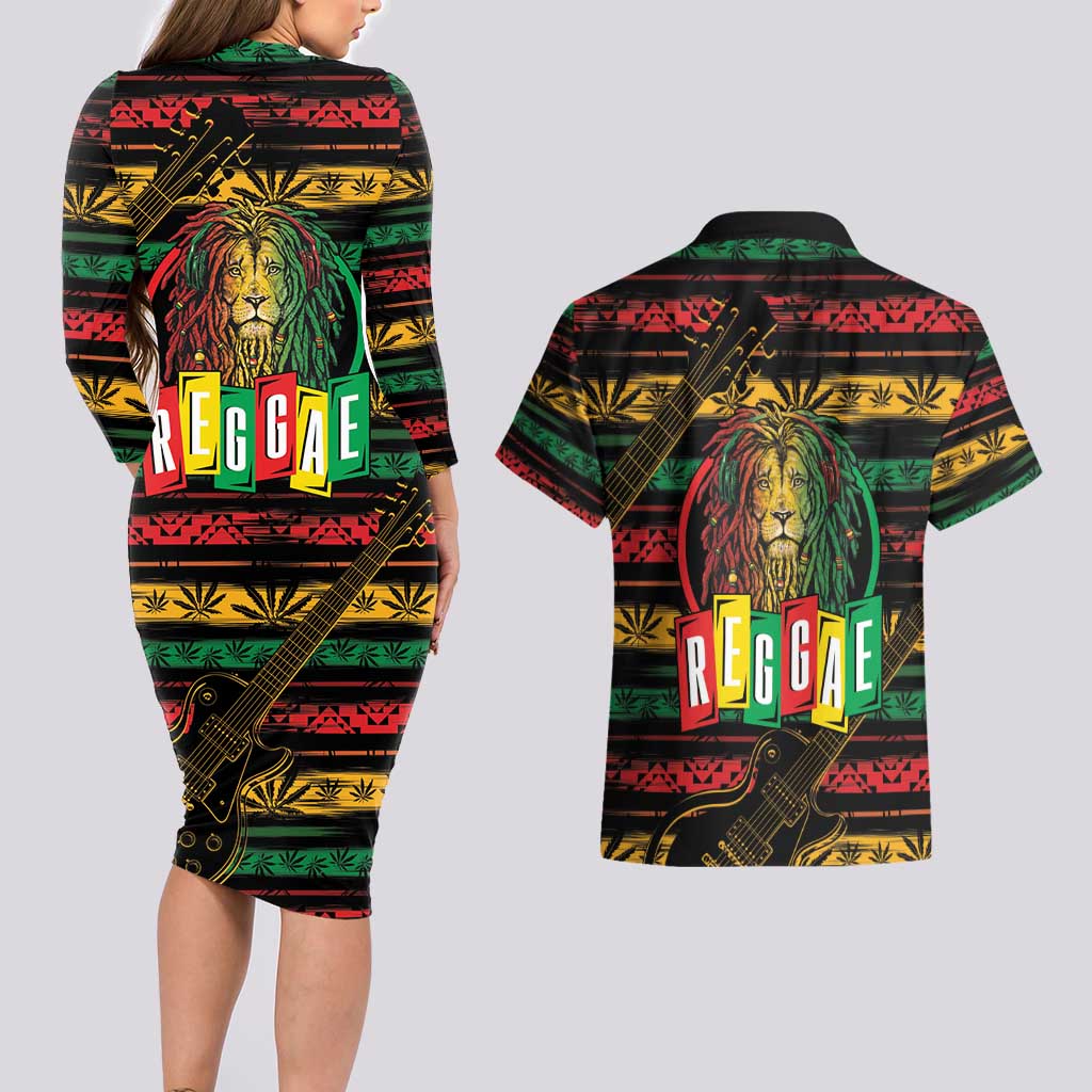 International Reggae Day Couples Matching Long Sleeve Bodycon Dress and Hawaiian Shirt Rastafarian Lion Legend of Reggae - Wonder Print Shop