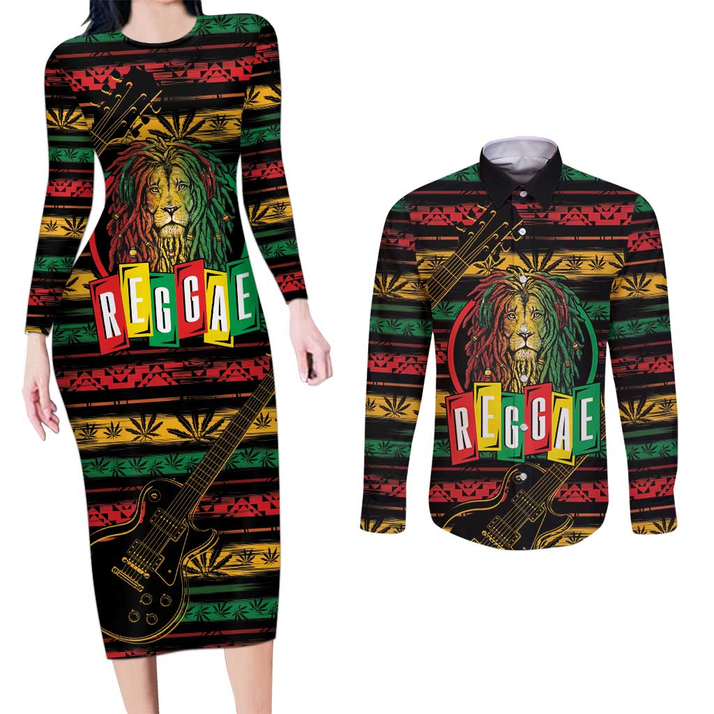 International Reggae Day Couples Matching Long Sleeve Bodycon Dress and Long Sleeve Button Shirt Rastafarian Lion Legend of Reggae - Wonder Print Shop