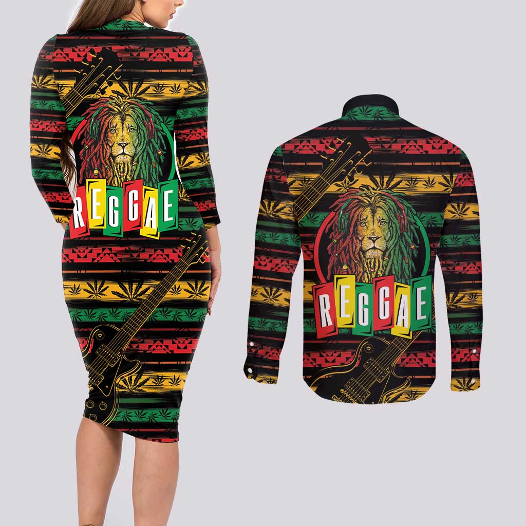 International Reggae Day Couples Matching Long Sleeve Bodycon Dress and Long Sleeve Button Shirt Rastafarian Lion Legend of Reggae - Wonder Print Shop