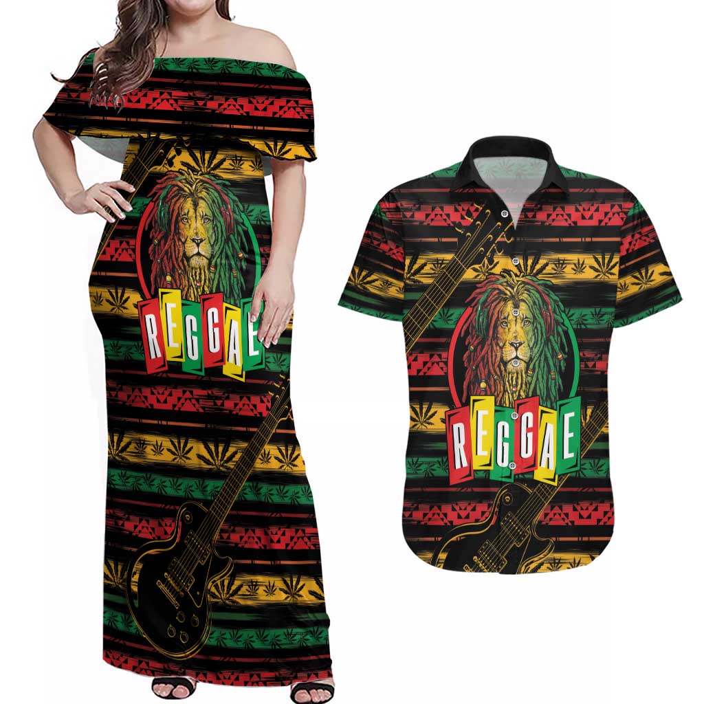 International Reggae Day Couples Matching Off Shoulder Maxi Dress and Hawaiian Shirt Rastafarian Lion Legend of Reggae - Wonder Print Shop