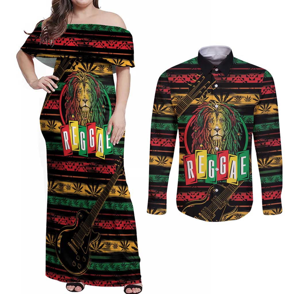 International Reggae Day Couples Matching Off Shoulder Maxi Dress and Long Sleeve Button Shirt Rastafarian Lion Legend of Reggae - Wonder Print Shop