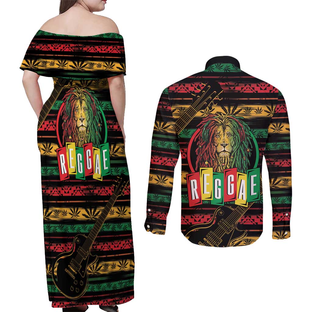 International Reggae Day Couples Matching Off Shoulder Maxi Dress and Long Sleeve Button Shirt Rastafarian Lion Legend of Reggae - Wonder Print Shop