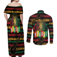 International Reggae Day Couples Matching Off Shoulder Maxi Dress and Long Sleeve Button Shirt Rastafarian Lion Legend of Reggae - Wonder Print Shop