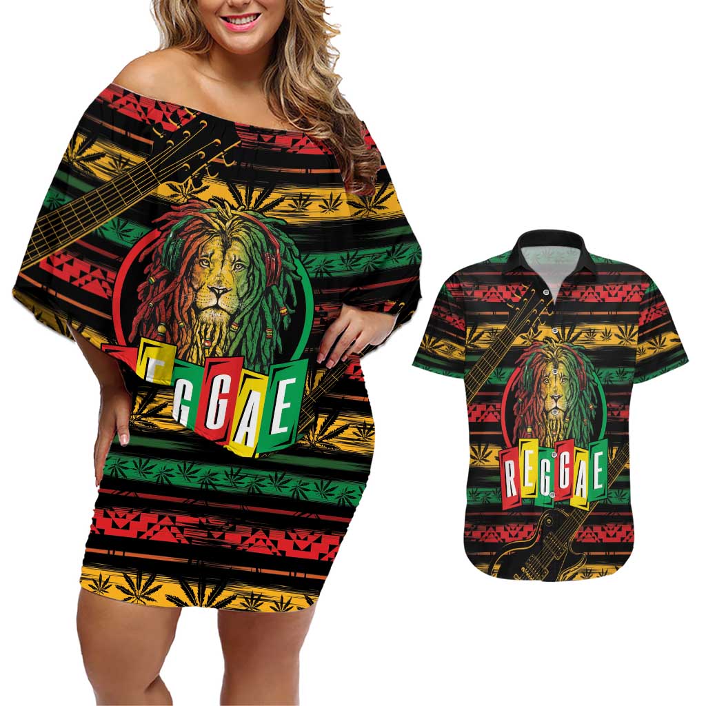 International Reggae Day Couples Matching Off Shoulder Short Dress and Hawaiian Shirt Rastafarian Lion Legend of Reggae - Wonder Print Shop
