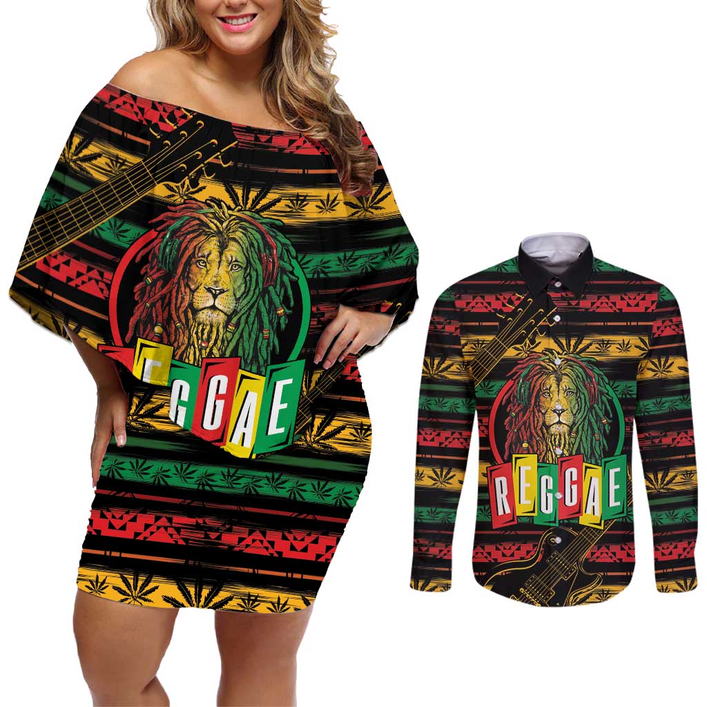 International Reggae Day Couples Matching Off Shoulder Short Dress and Long Sleeve Button Shirt Rastafarian Lion Legend of Reggae - Wonder Print Shop