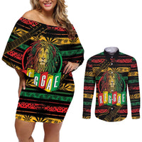 International Reggae Day Couples Matching Off Shoulder Short Dress and Long Sleeve Button Shirt Rastafarian Lion Legend of Reggae - Wonder Print Shop
