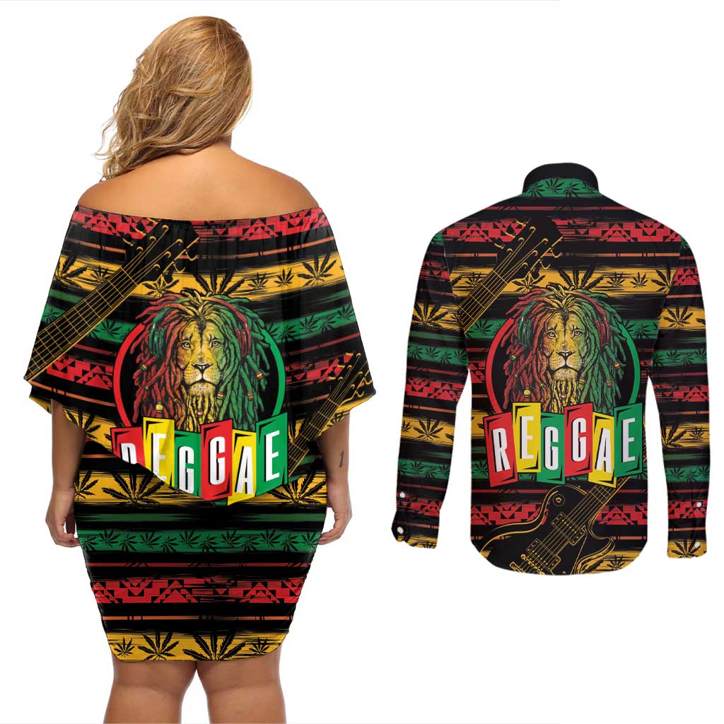 International Reggae Day Couples Matching Off Shoulder Short Dress and Long Sleeve Button Shirt Rastafarian Lion Legend of Reggae - Wonder Print Shop