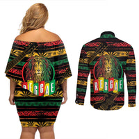 International Reggae Day Couples Matching Off Shoulder Short Dress and Long Sleeve Button Shirt Rastafarian Lion Legend of Reggae - Wonder Print Shop