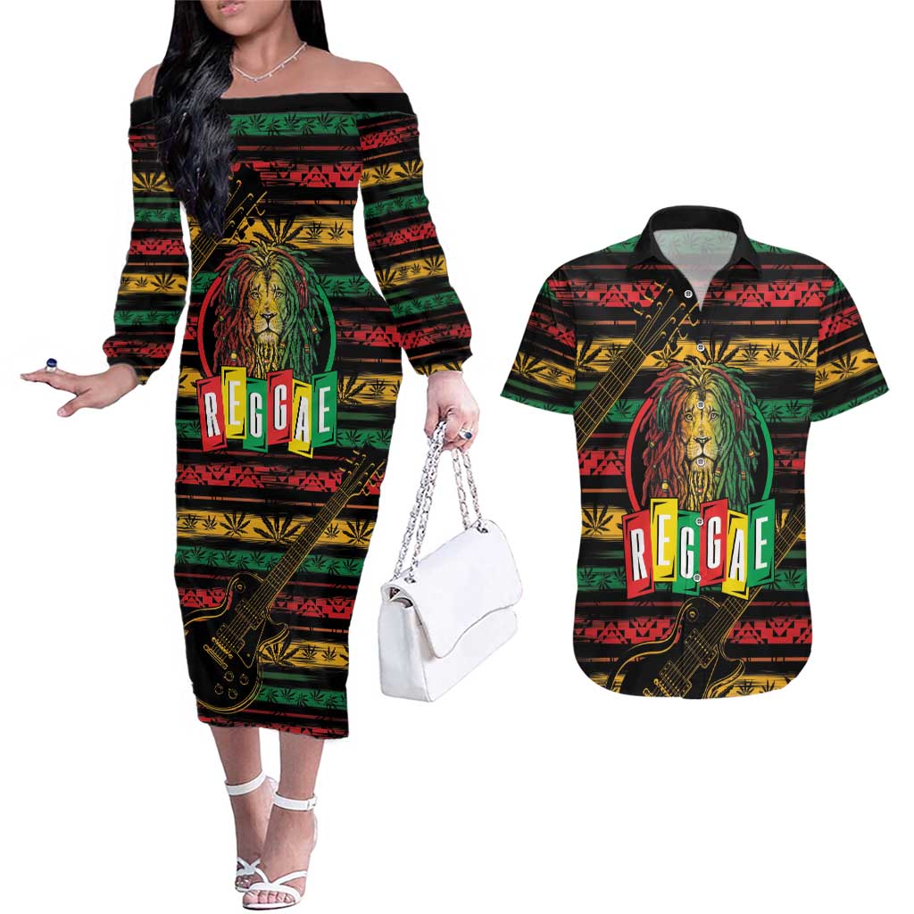 International Reggae Day Couples Matching Off The Shoulder Long Sleeve Dress and Hawaiian Shirt Rastafarian Lion Legend of Reggae - Wonder Print Shop