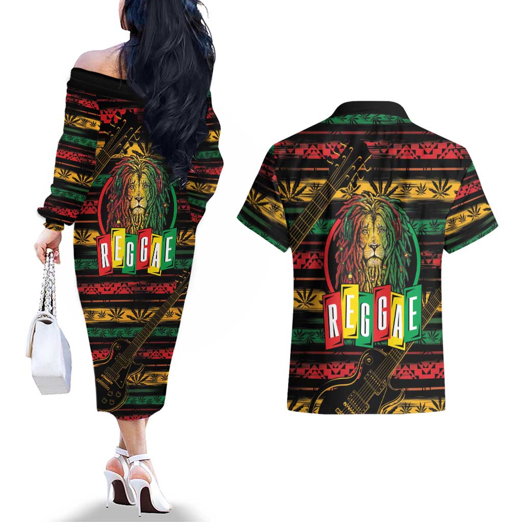 International Reggae Day Couples Matching Off The Shoulder Long Sleeve Dress and Hawaiian Shirt Rastafarian Lion Legend of Reggae - Wonder Print Shop