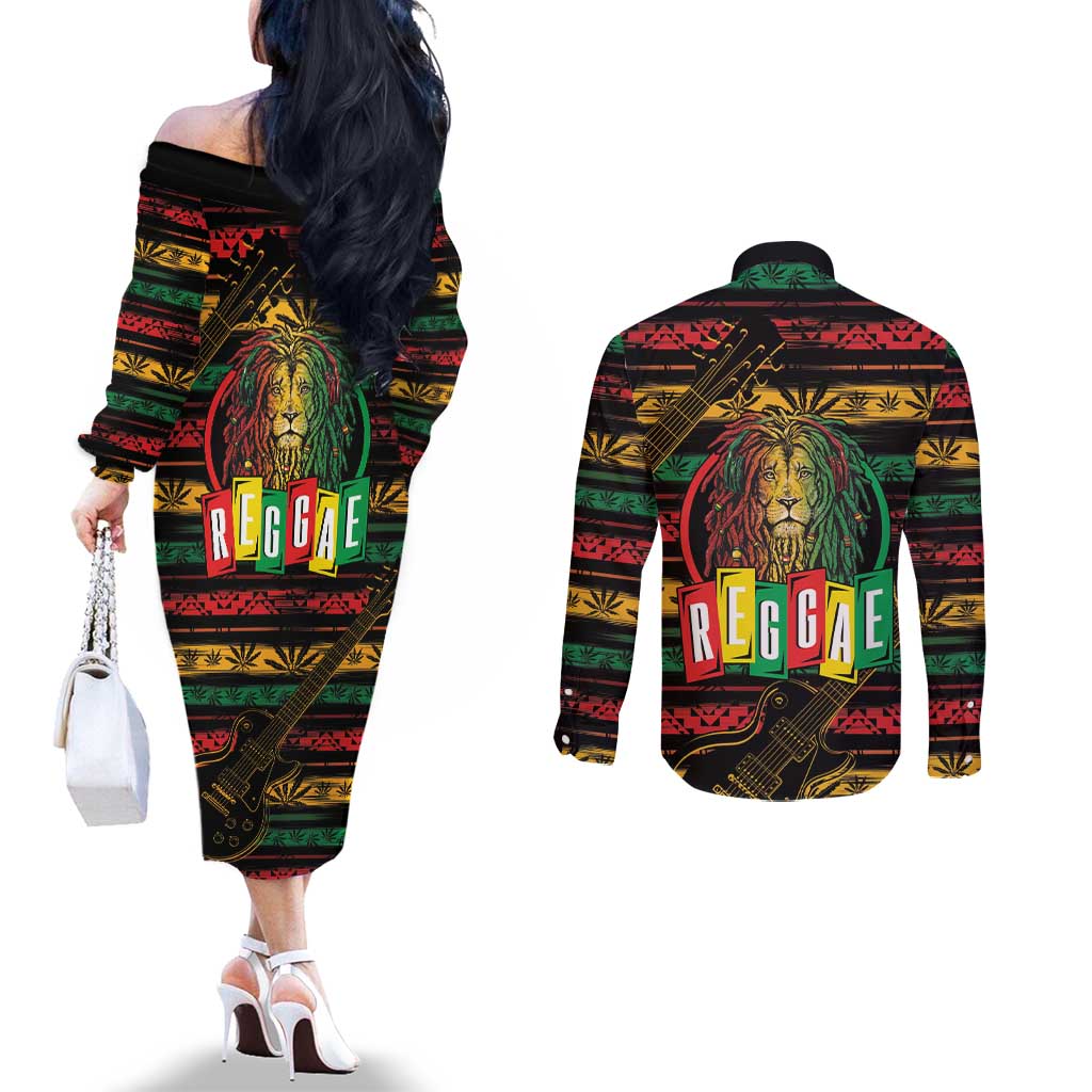 International Reggae Day Couples Matching Off The Shoulder Long Sleeve Dress and Long Sleeve Button Shirt Rastafarian Lion Legend of Reggae
