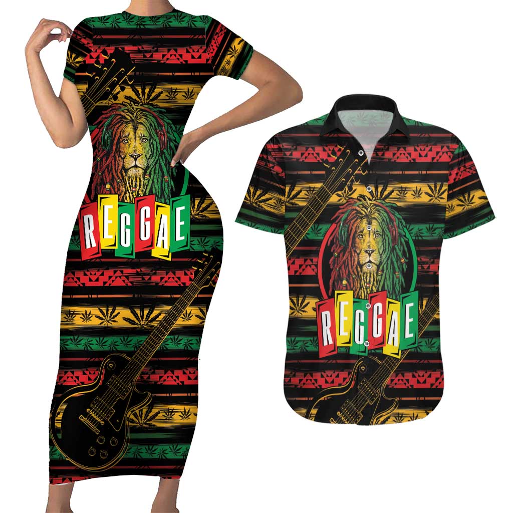 International Reggae Day Couples Matching Short Sleeve Bodycon Dress and Hawaiian Shirt Rastafarian Lion Legend of Reggae - Wonder Print Shop