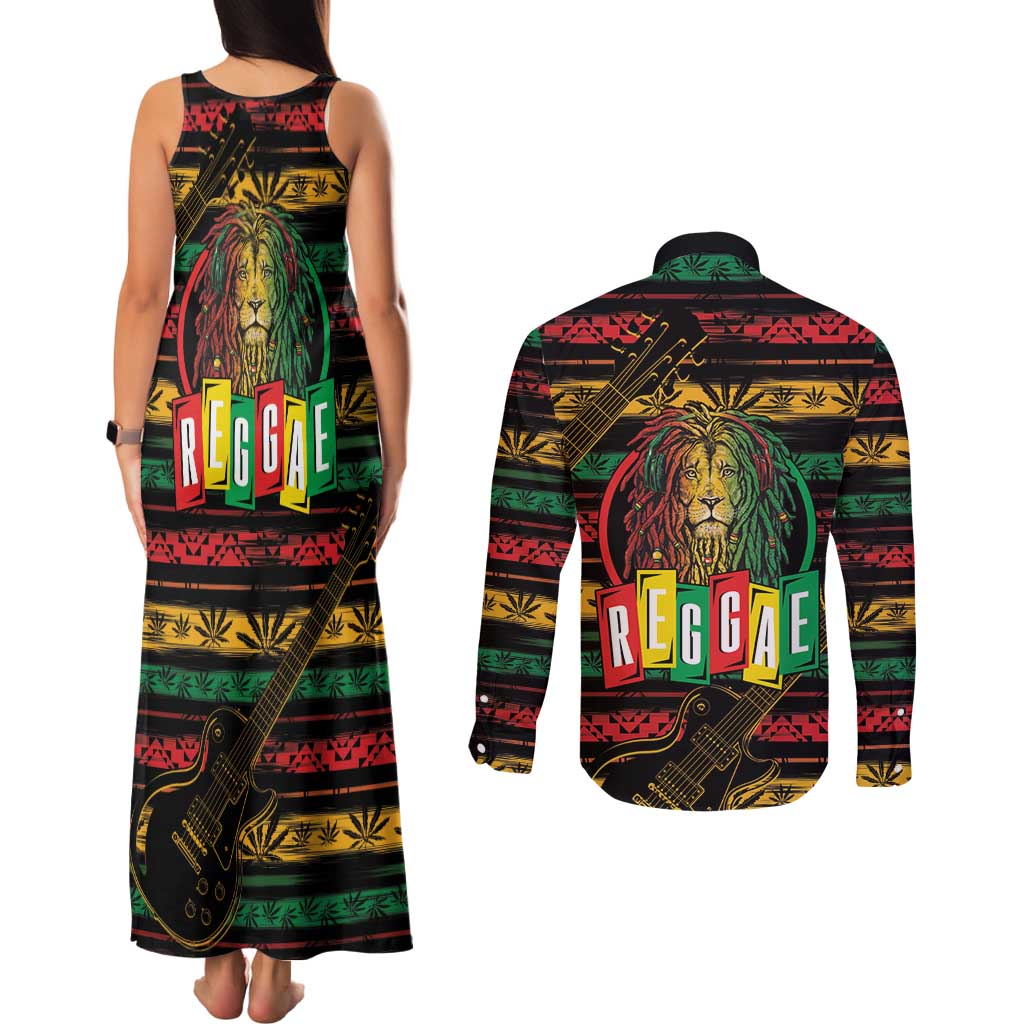 International Reggae Day Couples Matching Tank Maxi Dress and Long Sleeve Button Shirt Rastafarian Lion Legend of Reggae - Wonder Print Shop