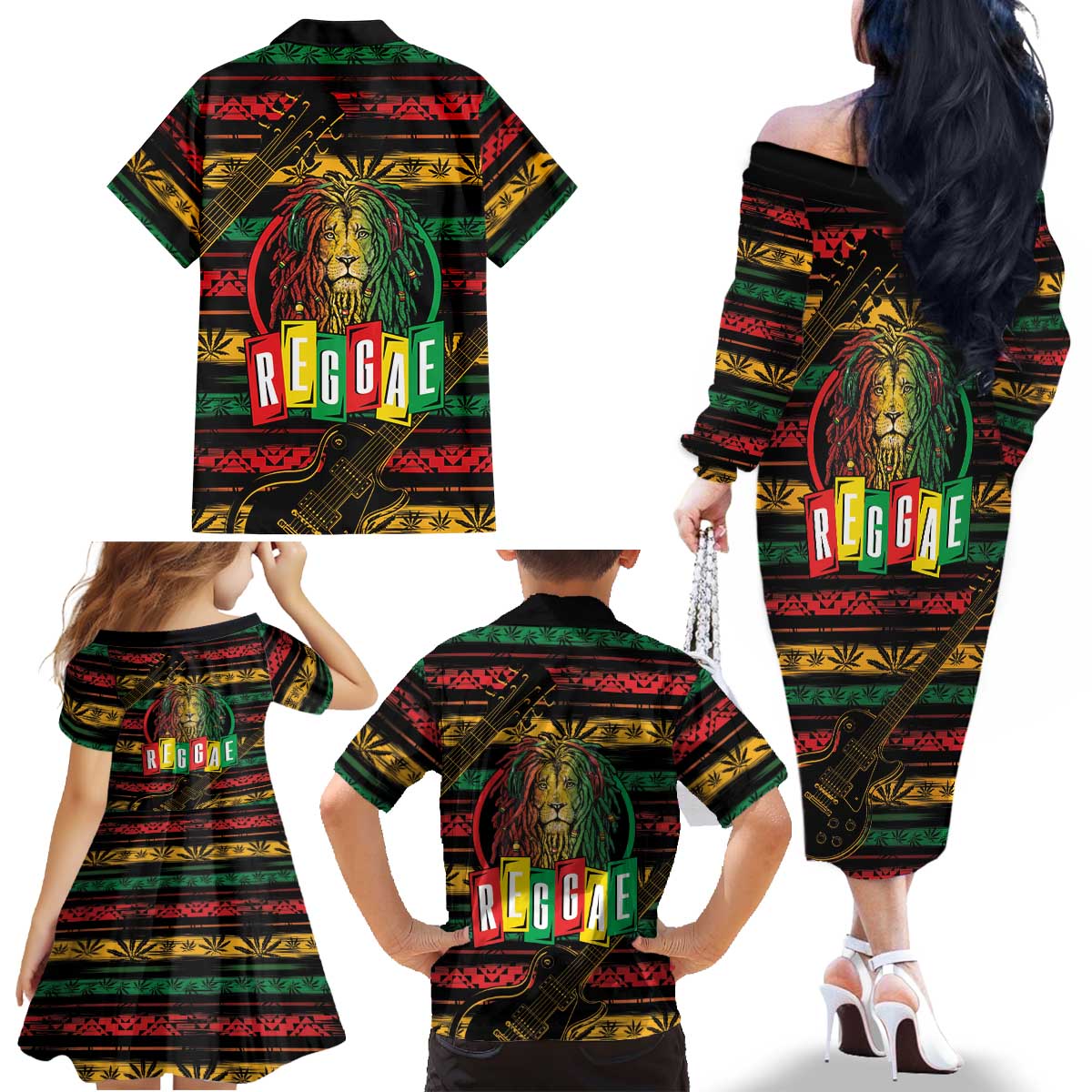 International Reggae Day Family Matching Off The Shoulder Long Sleeve Dress and Hawaiian Shirt Rastafarian Lion Legend of Reggae - Wonder Print Shop