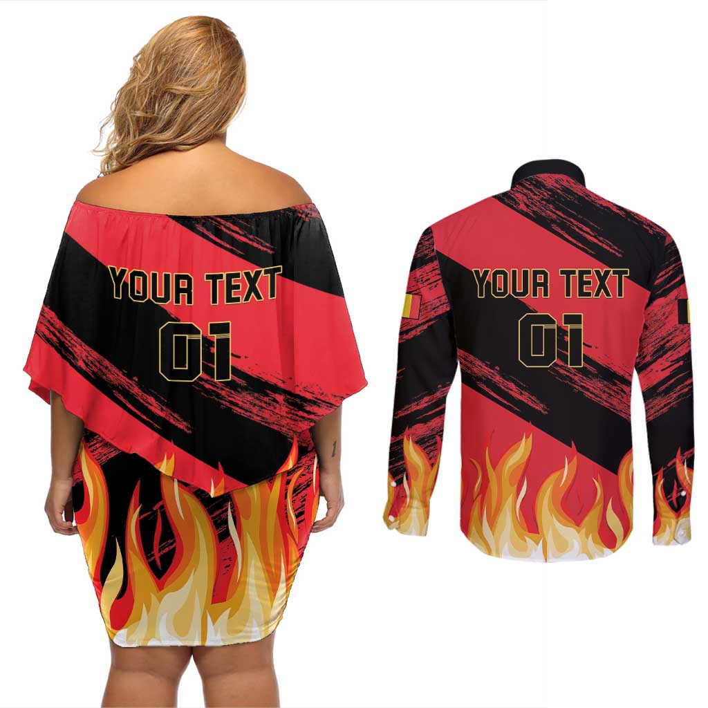 Custom Belgium 2024 Football Couples Matching Off Shoulder Short Dress and Long Sleeve Button Shirt Go De Rode Duivels - Wonder Print Shop