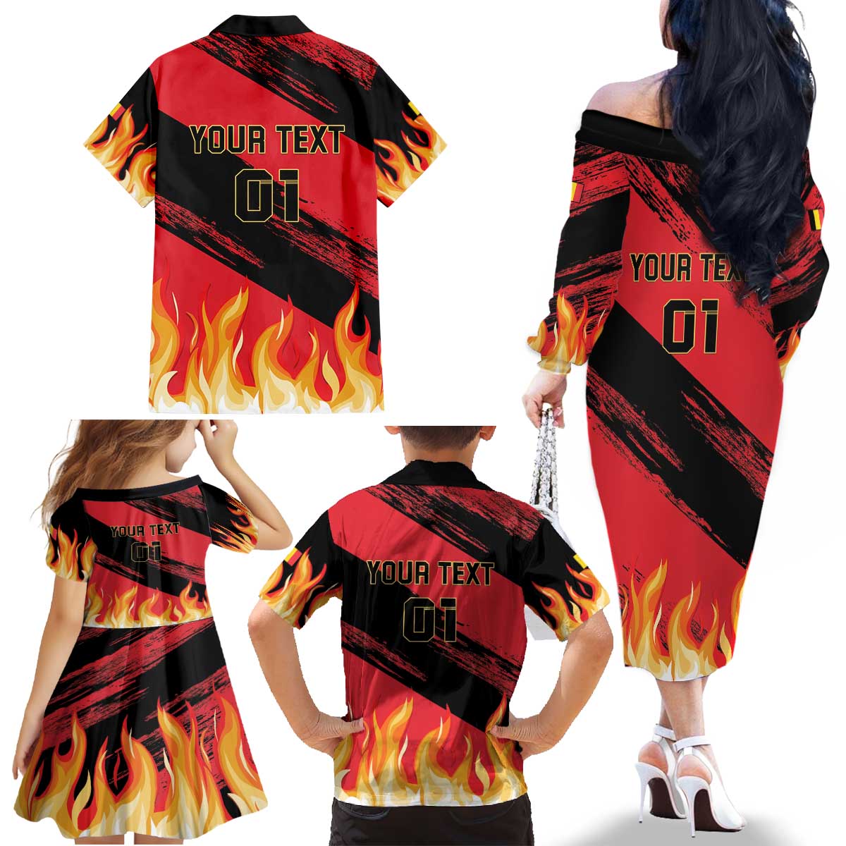 Custom Belgium 2024 Football Family Matching Off The Shoulder Long Sleeve Dress and Hawaiian Shirt Go De Rode Duivels - Wonder Print Shop