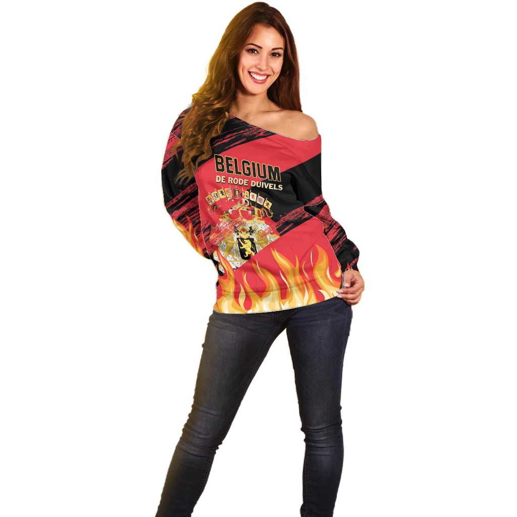 Custom Belgium 2024 Football Off Shoulder Sweater Go De Rode Duivels - Wonder Print Shop