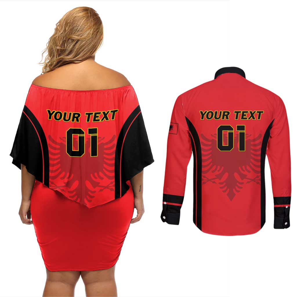 Custom Albania 2024 Football Couples Matching Off Shoulder Short Dress and Long Sleeve Button Shirt Come On Kuqezinjte - Wonder Print Shop