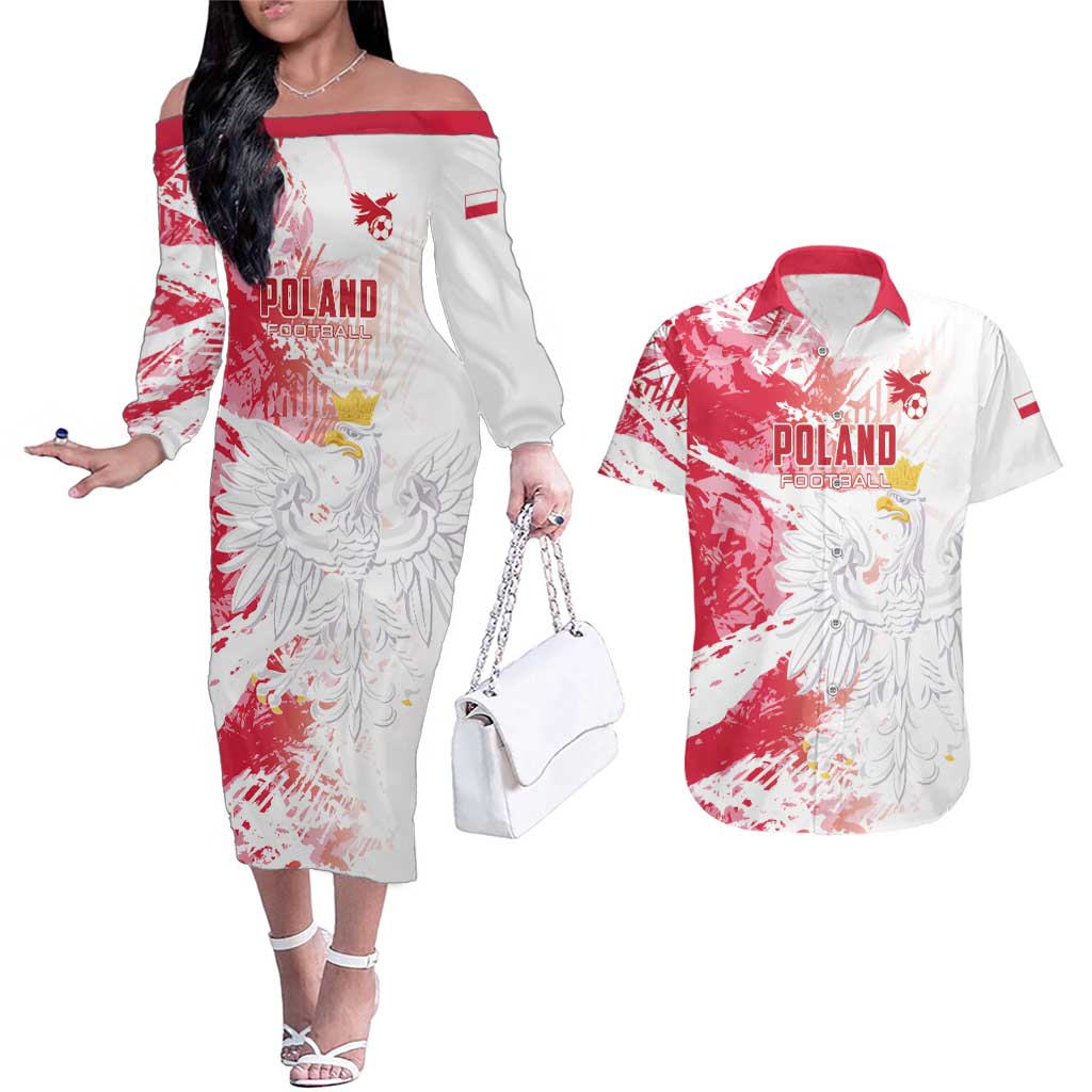 Custom Poland 2024 Football Couples Matching Off The Shoulder Long Sleeve Dress and Hawaiian Shirt Orly Go Champions - Wonder Print Shop