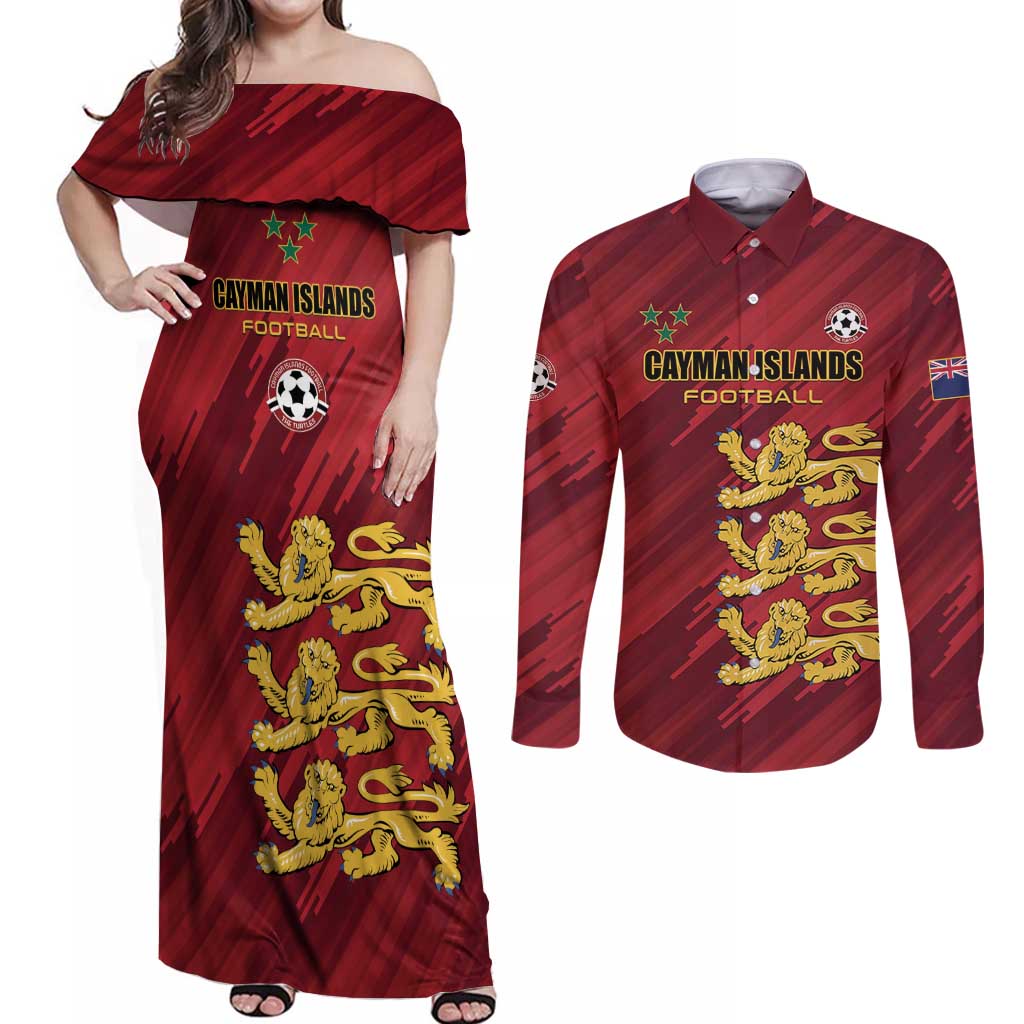 Custom Football Cayman Islands Couples Matching Off Shoulder Maxi Dress and Long Sleeve Button Shirt The Turtles Come On - Wonder Print Shop
