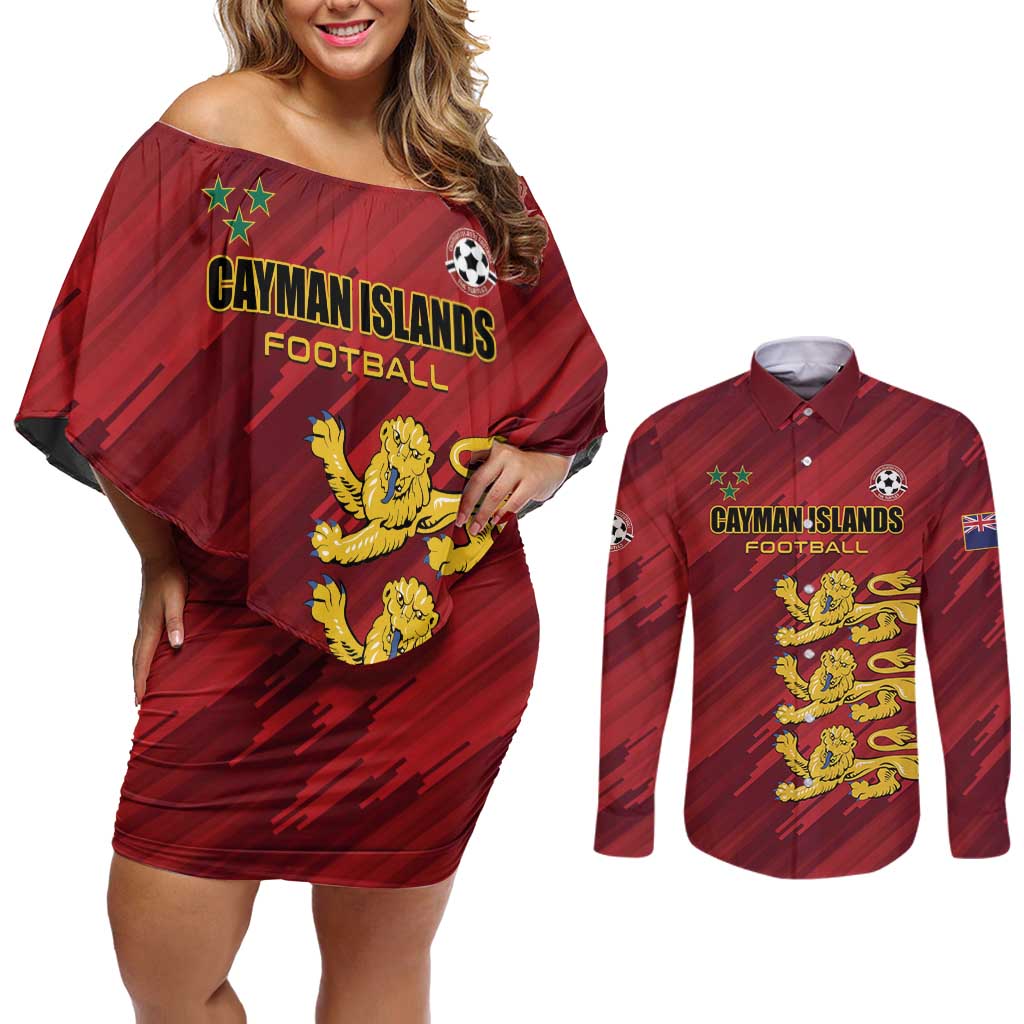 Custom Football Cayman Islands Couples Matching Off Shoulder Short Dress and Long Sleeve Button Shirt The Turtles Come On - Wonder Print Shop