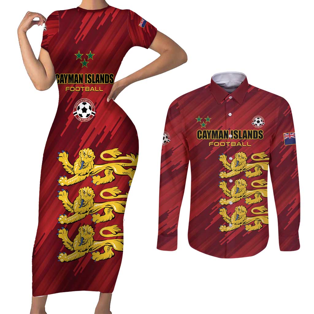 Custom Football Cayman Islands Couples Matching Short Sleeve Bodycon Dress and Long Sleeve Button Shirt The Turtles Come On - Wonder Print Shop