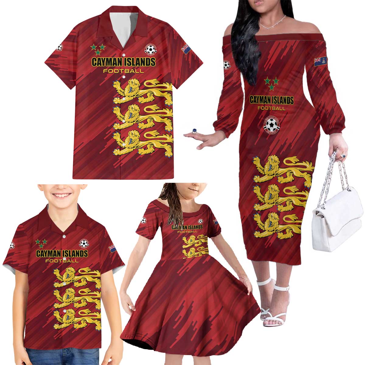 Custom Football Cayman Islands Family Matching Off The Shoulder Long Sleeve Dress and Hawaiian Shirt The Turtles Come On - Wonder Print Shop