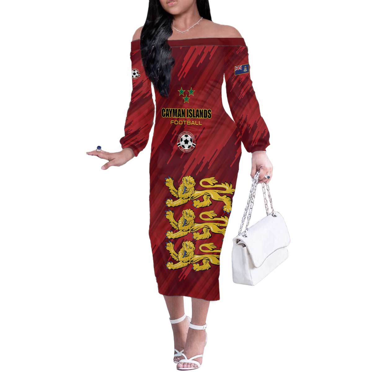 Custom Football Cayman Islands Family Matching Off The Shoulder Long Sleeve Dress and Hawaiian Shirt The Turtles Come On - Wonder Print Shop