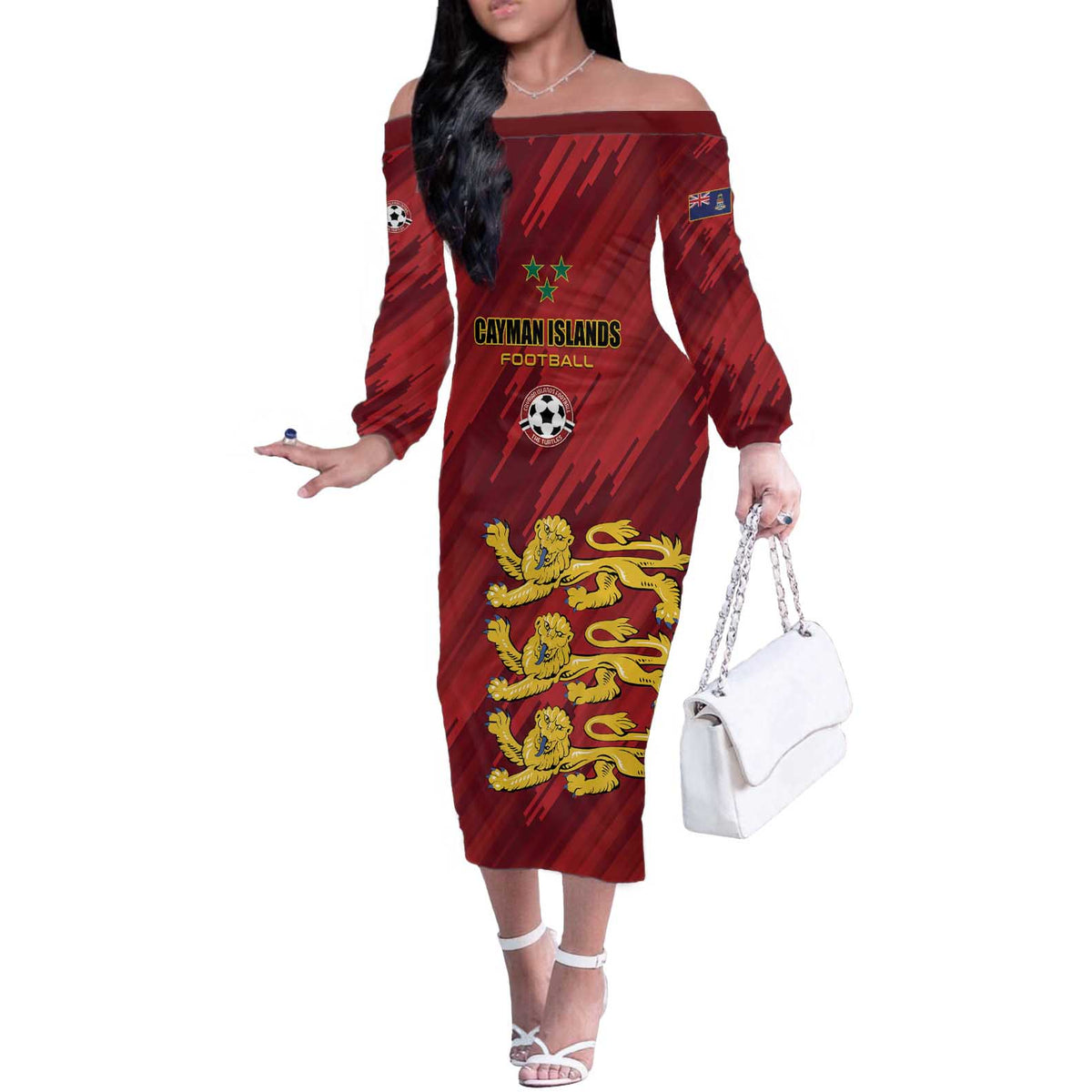 Custom Football Cayman Islands Off The Shoulder Long Sleeve Dress The Turtles Come On - Wonder Print Shop