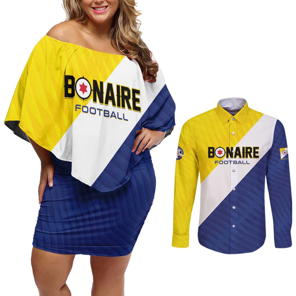 Custom Football Bonaire Couples Matching Off Shoulder Short Dress and Long Sleeve Button Shirt Boneiru Caribbean Warriors - Wonder Print Shop