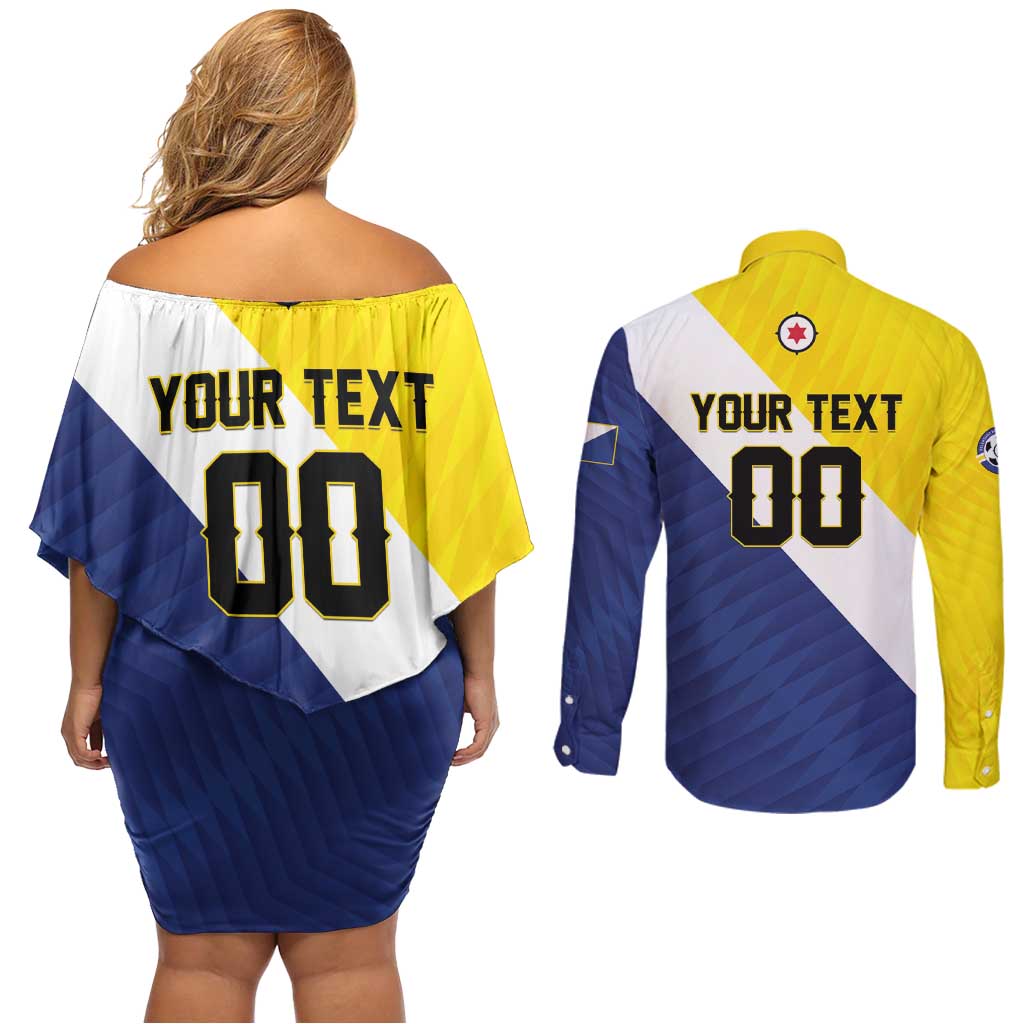 Custom Football Bonaire Couples Matching Off Shoulder Short Dress and Long Sleeve Button Shirt Boneiru Caribbean Warriors - Wonder Print Shop