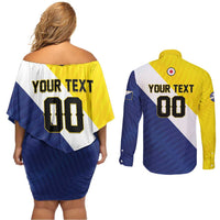 Custom Football Bonaire Couples Matching Off Shoulder Short Dress and Long Sleeve Button Shirt Boneiru Caribbean Warriors - Wonder Print Shop