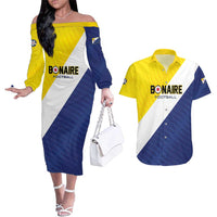 Custom Football Bonaire Couples Matching Off The Shoulder Long Sleeve Dress and Hawaiian Shirt Boneiru Caribbean Warriors - Wonder Print Shop
