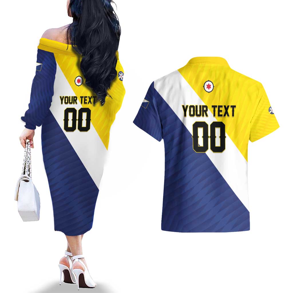 Custom Football Bonaire Couples Matching Off The Shoulder Long Sleeve Dress and Hawaiian Shirt Boneiru Caribbean Warriors - Wonder Print Shop