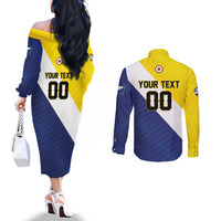 Custom Football Bonaire Couples Matching Off The Shoulder Long Sleeve Dress and Long Sleeve Button Shirt Boneiru Caribbean Warriors - Wonder Print Shop