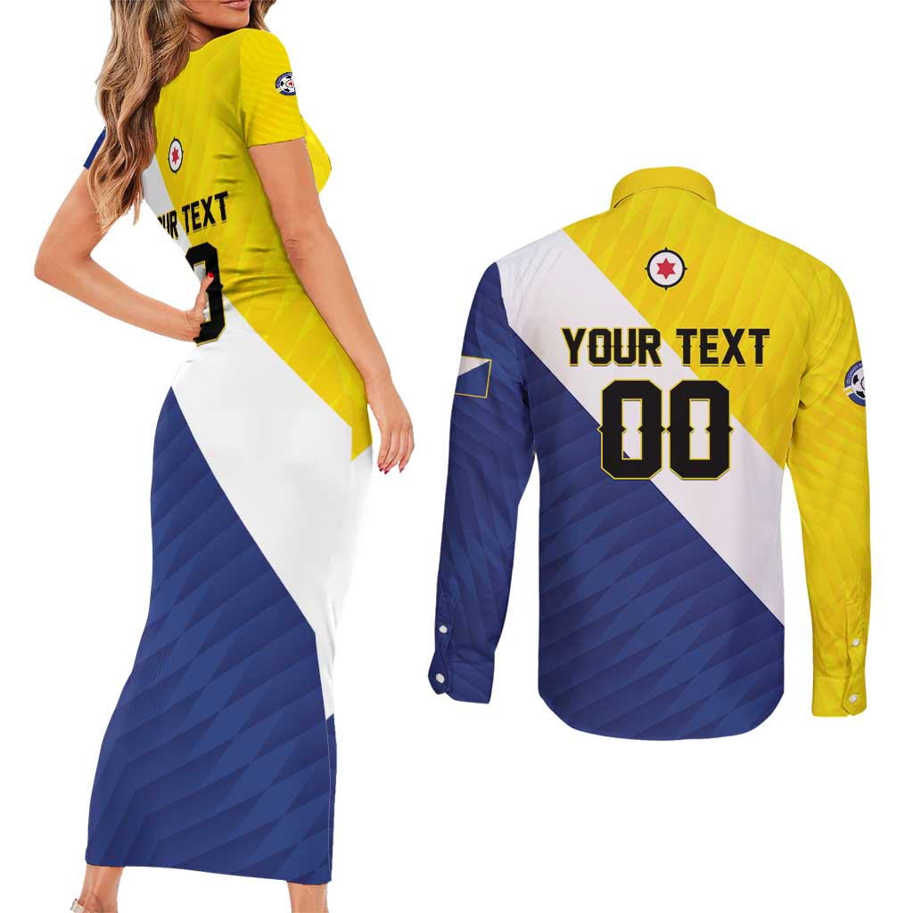 Custom Football Bonaire Couples Matching Short Sleeve Bodycon Dress and Long Sleeve Button Shirt Boneiru Caribbean Warriors - Wonder Print Shop