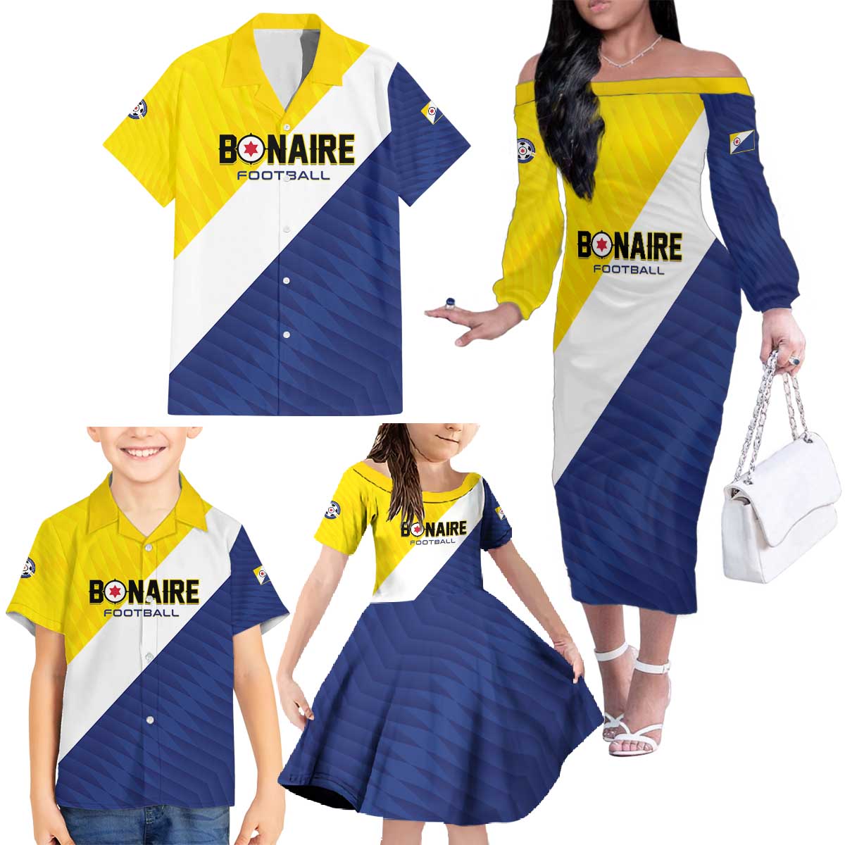 Custom Football Bonaire Family Matching Off The Shoulder Long Sleeve Dress and Hawaiian Shirt Boneiru Caribbean Warriors - Wonder Print Shop