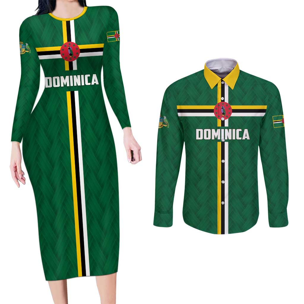 Custom Football Dominica Couples Matching Long Sleeve Bodycon Dress and Long Sleeve Button Shirt Los Pericos Go Champions - Wonder Print Shop