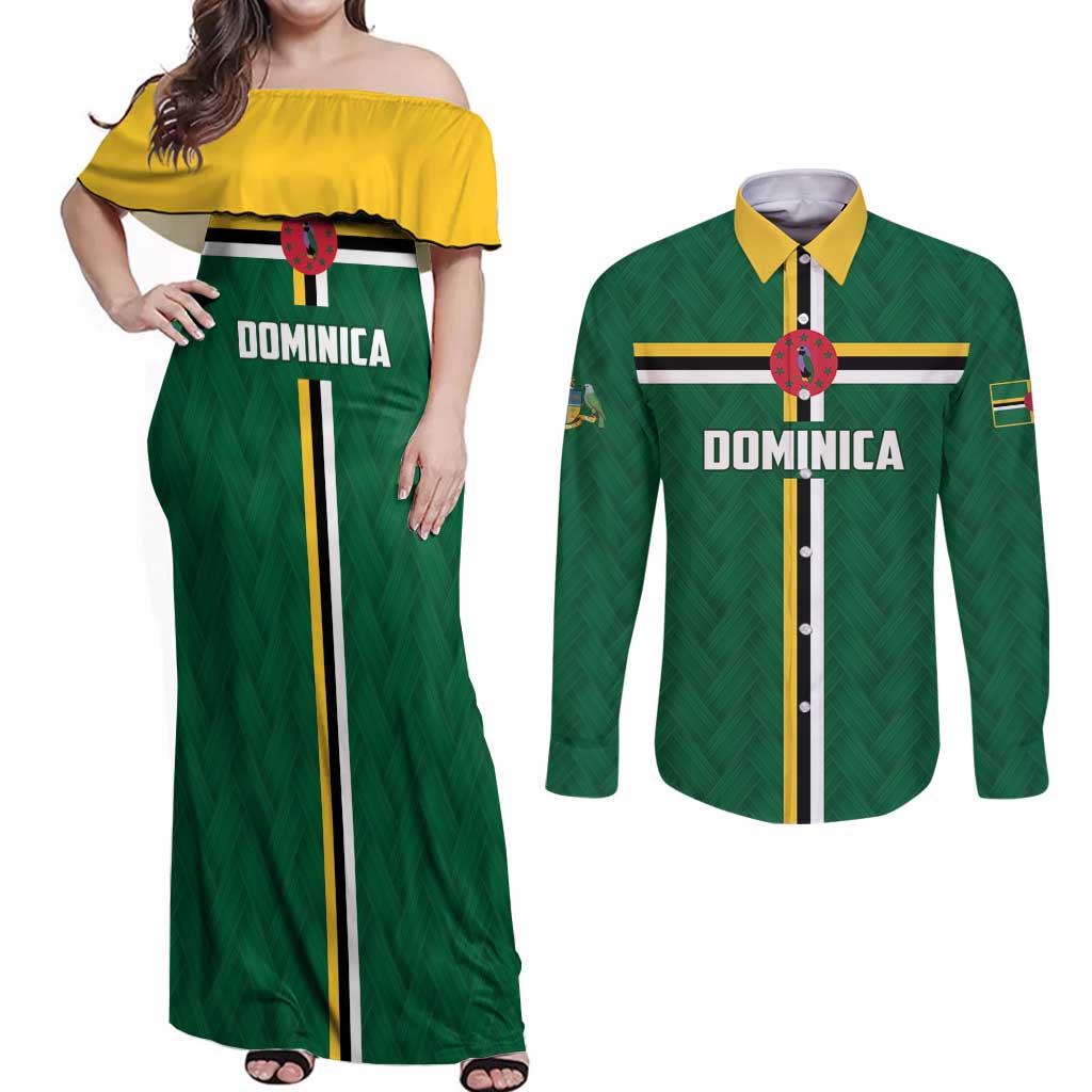 Custom Football Dominica Couples Matching Off Shoulder Maxi Dress and Long Sleeve Button Shirt Los Pericos Go Champions - Wonder Print Shop