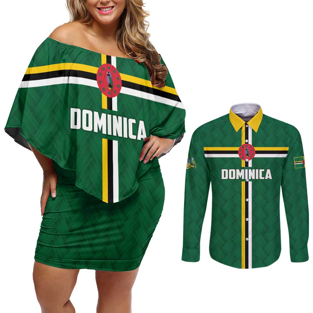 Custom Football Dominica Couples Matching Off Shoulder Short Dress and Long Sleeve Button Shirt Los Pericos Go Champions - Wonder Print Shop