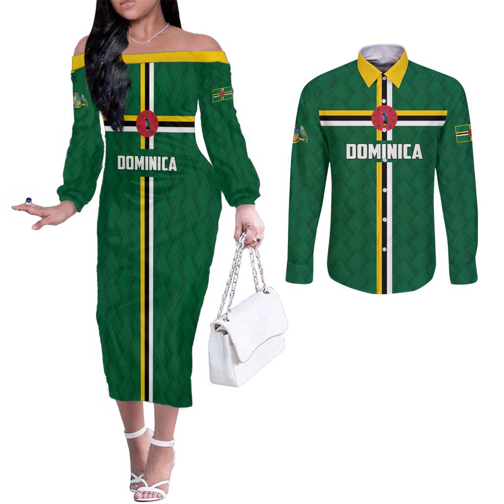 Custom Football Dominica Couples Matching Off The Shoulder Long Sleeve Dress and Long Sleeve Button Shirt Los Pericos Go Champions - Wonder Print Shop
